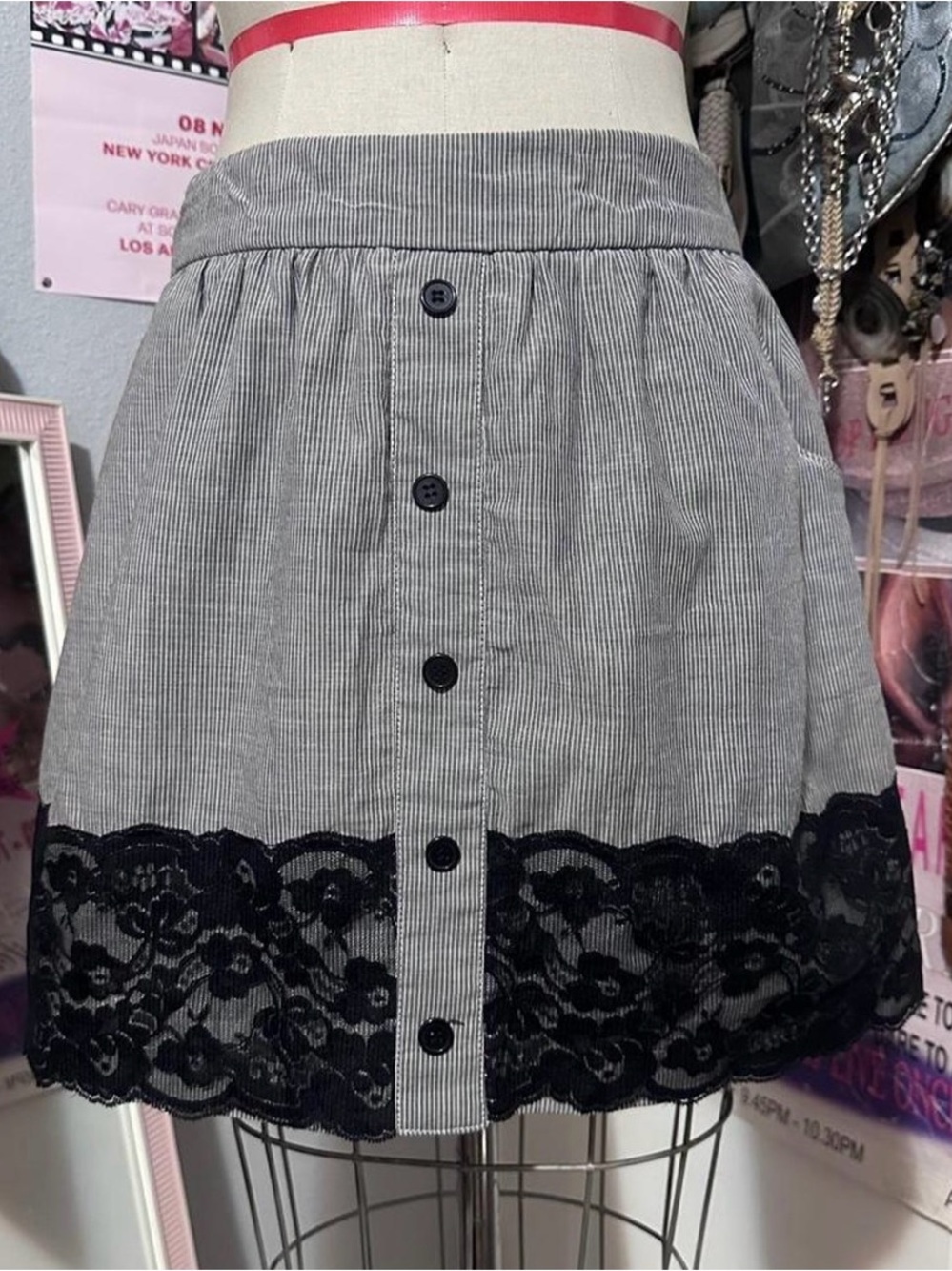Black & White Striped Button-Front Mini Skirt with Black Lace Trim Size M